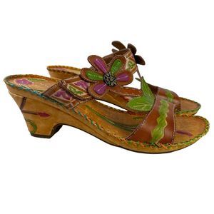 Elite by Corkys Pacific Colorful Leather Slides Chunky Heel Sandals Shoes sz 8